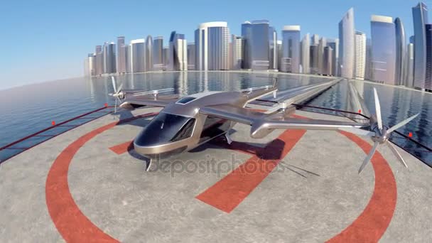 Flying Taxi Drone with the city ckyline in the background, 4k — Stock Video