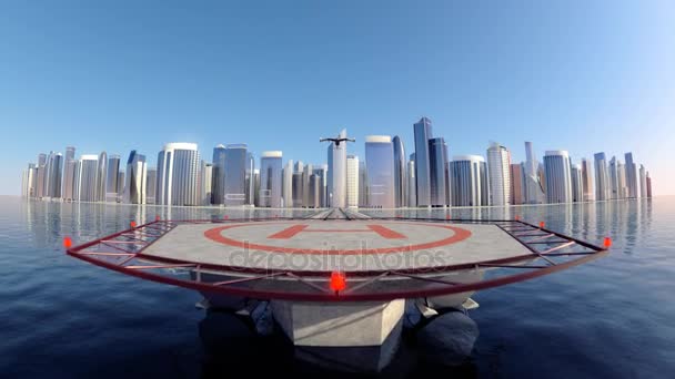 Flying Taxi Drone with the city ckyline in the background, 4k — Stock Video