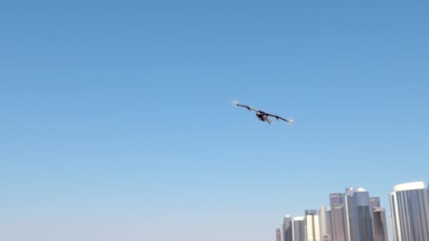 Посадка беспилотного летательного аппарата на фоне городского пейзажа, 4к — стоковое видео