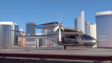 Uçan taksi uçak kalkış şehir manzarası arka planda, 4k ile