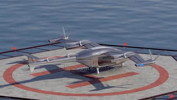 Latanie Taxi Drone startu z panoramę miasta w tle, 4k — Wideo stockowe
