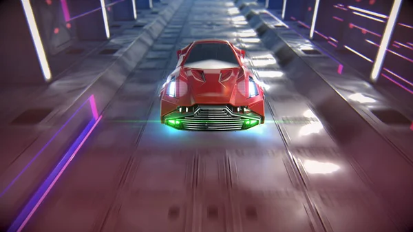 De auto van de toekomst gaat door de tunnel 3d illustratie — Stockfoto