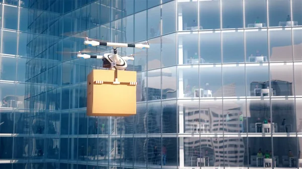 Quadcopter levert postvak in business center 3d illustratie — Stockfoto