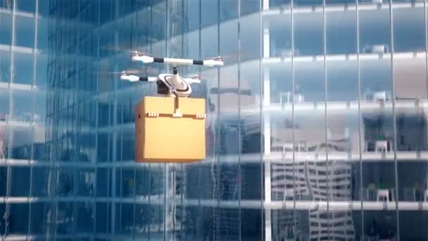 Quadcopter entrega buzón en el centro de negocios animación 3D 4k — Vídeos de Stock