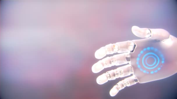 Mão robô tomando bitcoin moeda em fundo colorido em s — Vídeo de Stock