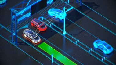 autonome ulaşım sistemi kavramı, akıllı şehir, Internet şeyler, araç için araç, araç altyapı, araç yaya için görüntü görsel 3d illüstrasyon soyut