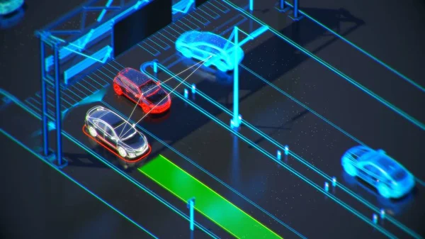 Autonome μεταφορά συστήματος έννοια, έξυπνη πόλη, Διαδίκτυο των πραγμάτων, όχημα σε όχημα, όχημα σε υποδομή, οχήματος με πεζό, αφηρημένη εικόνα οπτική 3d απεικόνιση — Φωτογραφία Αρχείου