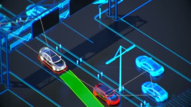 Autonome transport system koncept, smart city, Internet saker, fordon till fordon, fordon till infrastruktur, fordon till fotgängare, abstrakt bild visuella 4k 3d-animering — Stockvideo