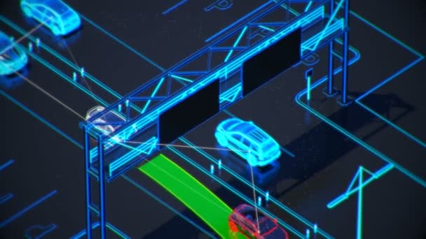 Autonome transport system koncept, smart city, Internet saker, fordon till fordon, fordon till infrastruktur, fordon till fotgängare, abstrakt bild visuella 4k 3d-animering — Stockvideo