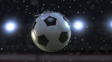 Su damlaları ile uçan futbol topu. 3D çizim
