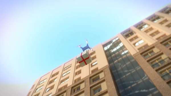 Entrega drone azul e fundo da cidade — Fotografia de Stock