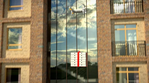Dron levert een pakket tegen een kantoorgebouw — Stockfoto