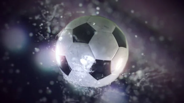 Soccer ball flying through water drops 3d illustration — Stock Photo, Image