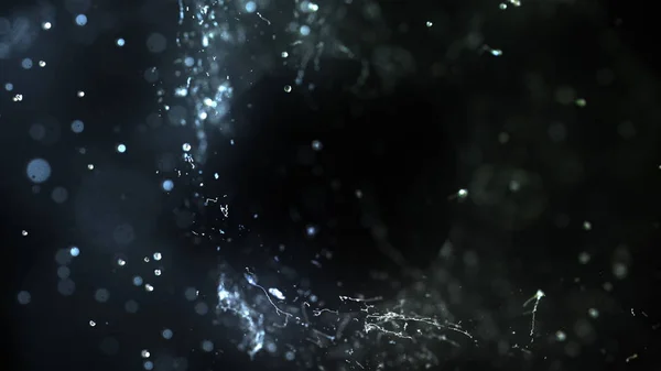 Gocce d'acqua colpisce astratto oggetto scuro, illustrazione 3d — Foto Stock