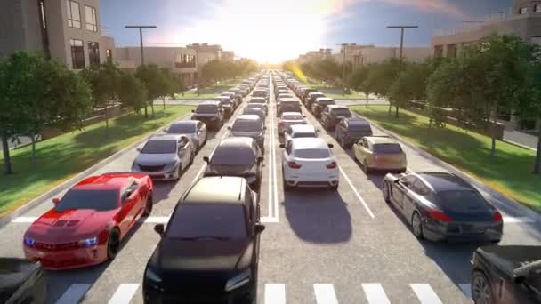 Atasco de tráfico en Rush Hour al amanecer o atardecer. animación 3d. 4k — Vídeos de Stock