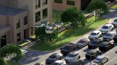 Kişisel uçan araç gelecek. Kentsel bir ortamda. 3D çizim.
