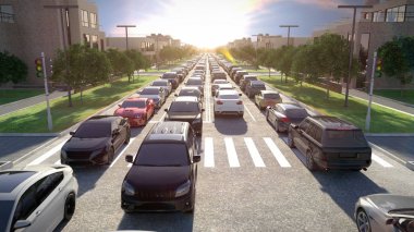 Trafik sıkışıklığı, günbatımı zamanı. 3D çizim.