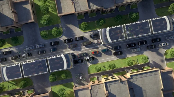 Ovanifrån. Transport av framtiden i en urban miljö. 3D illustration. — Stockfoto