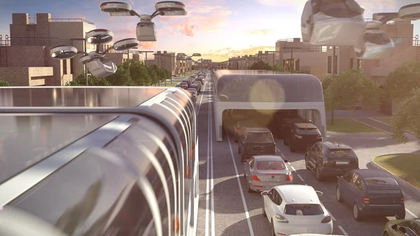 City bus of the future. The traffic jam. Sunset time. 3d illustration.