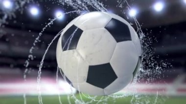 Futbol topu su damla, 4 k 3d animasyon yayan koşuşturma uçar