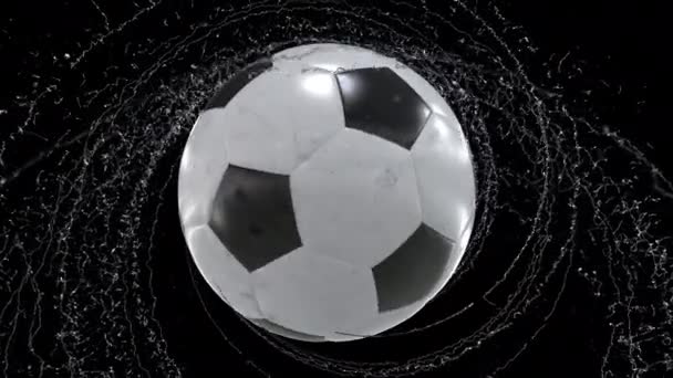 Soccer ball emitting whirl of water drops, with rgb mask, 4k 3d animation — Stock Video