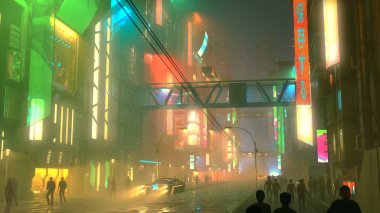 Sci fi futuristik gece hava şehir trafik ve halklar 3d çizim ile şehir