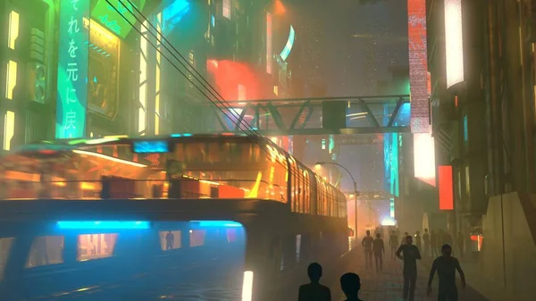 Sci fi framtidsstaden på natten med antenn stadens trafik och folk 3d illustration — Stockfoto