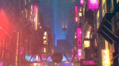 Sci fi futuristik gece hava şehir trafik ve halklar ile şehir