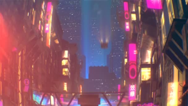 Научно-фантастический футуристический город ночью с воздушным движением и народами — стоковое видео