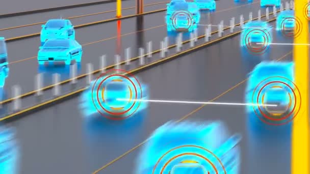 Autonome транспортной системы концепции, умный город, Интернет вещей, транспортное средство к транспортному средству, транспортное средство к инфраструктуре, транспортное средство к пешеходу, абстрактное изображение визуальной 4k 3D анимации — стоковое видео