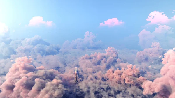 Raketenstart durch die Wolken, Raumschiff-Rakete zum Mars. 3D-Darstellung Stockbild
