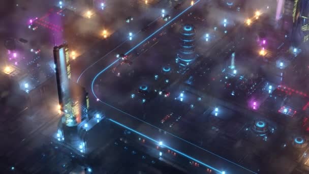 Night Future City met vliegende auto 's en sci-fi vervoer. 4k animatie — Stockvideo