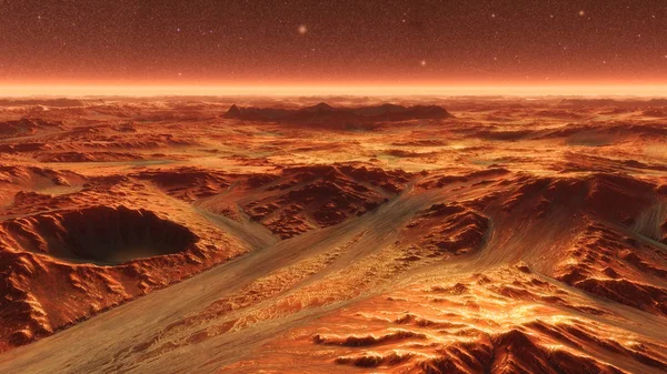 Superficie del pianeta Marte con polvere che soffia. Illustrazione 3d — Foto Stock