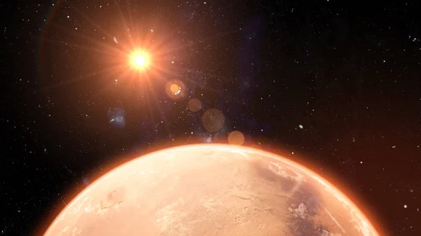 Mars Gezegeni Günbatımı Uzay 3 boyutlu illüstrasyon