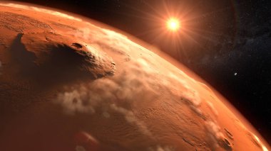 Mars Gezegeni Günbatımı Uzay 3 boyutlu illüstrasyon