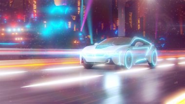 Geleceğin arabası yolda gidiyor. 3D illüstrasyon.