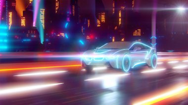 Geleceğin arabası yolda gidiyor. 3D illüstrasyon.