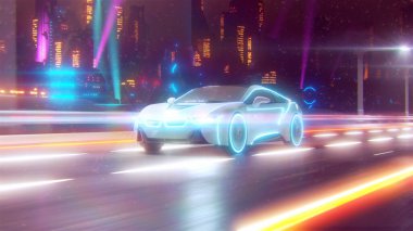 Geleceğin arabası yolda gidiyor. 3D illüstrasyon.