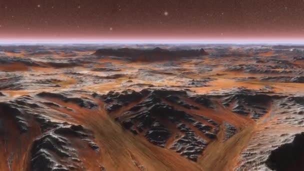 Paysage panoramique à la surface de Mars. Animation cinématographique réaliste. Caméra se déplace vers le cratère .