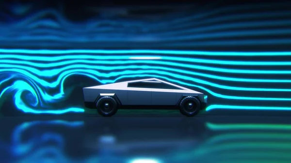Concepto de prueba de aerodinámica de coches en túnel de viento, vista lateral 3d renderizado — Foto de Stock
