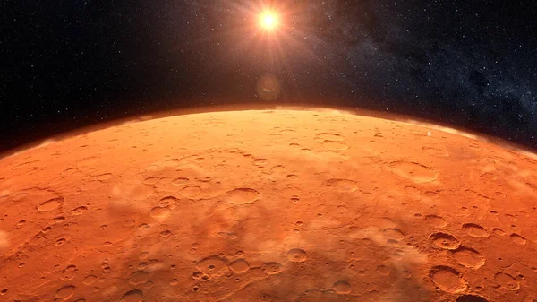 Mars planeta východ slunce v prostoru 3D ilustrace — Stock fotografie