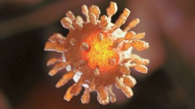 Kanın mikroskop altında grip COVID-19 virüs hücresinin görüntüsü. Coronavirus Covid-19 salgını geçmişi. Hastalık hücresi ile birlikte salgın sağlık riski konsepti