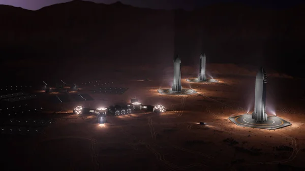 Düşman ve çorak bir gezegendeki üssün tasviri. Küçük koloni, astronotların yüzeyi keşfetmek için kullanmaları için iki araçla donatılmıştır. 3d illüstrasyon