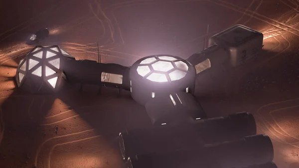 敵対的で不毛の惑星上の基地の描写。小さなコロニーには、宇宙飛行士が地表を探査するために使用する2つのローバーが装備されています。3Dイラスト — ストック写真