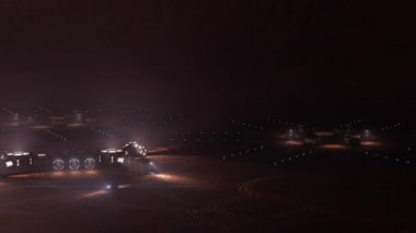 Düşman ve çorak bir gezegendeki üssün tasviri. Küçük koloni, astronotların yüzeyi keşfetmek için kullanmaları için iki araçla donatılmıştır. 4k animasyon