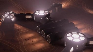 Düşman ve çorak bir gezegendeki üssün tasviri. Küçük koloni, astronotların yüzeyi keşfetmek için kullanmaları için iki araçla donatılmıştır. 4k animasyon