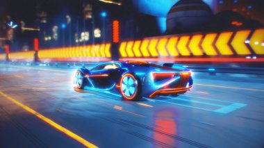 Gelecekteki araba yolda gidiyor. Elektrik patlamaları ve enerji sıvıları 4k animasyon yapıyor.