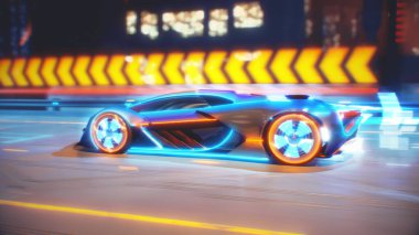 Gelecekteki araba yolda gidiyor. Elektrik patlamaları ve enerji sıvıları 4k animasyon yapıyor.