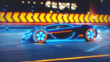 Gelecekteki araba yolda gidiyor. Elektrik patlamaları ve enerji sıvıları 4k animasyon yapıyor.