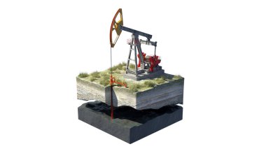 Yüzen bir adada petrol varilleri ve rafineri tankları olan bir çöldeki sondaj sahasında petrol pompası krikosu. 3 boyutlu illüstrasyon. Açıklayıcı veya bilgi aktarımı için mükemmel.